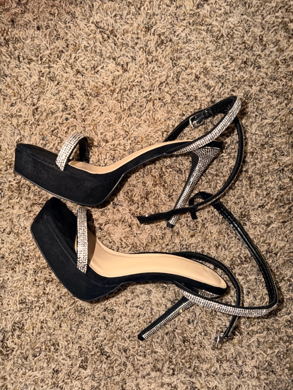 Black Women's Platform Evening Sandals with Rhinestone Straps